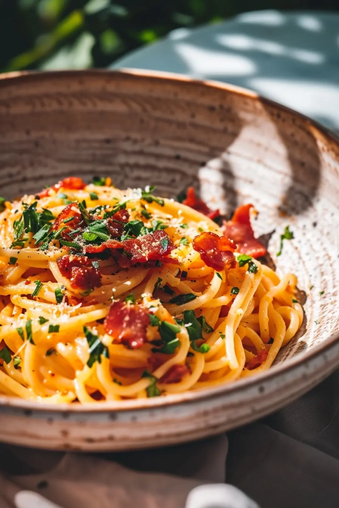 Spaghetti Carbonara mit veganem Speck