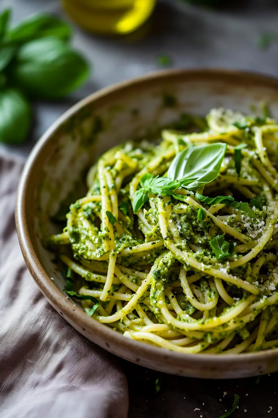 Spaghetti mit Avocado-Basilikum-Pesto