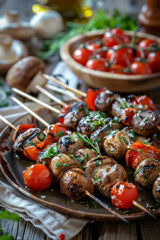 Grillspieße mit Pilzen und Kirschtomaten