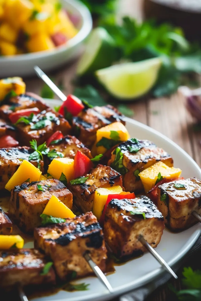 Karibische Tofu-Spieße mit Mango-Salsa