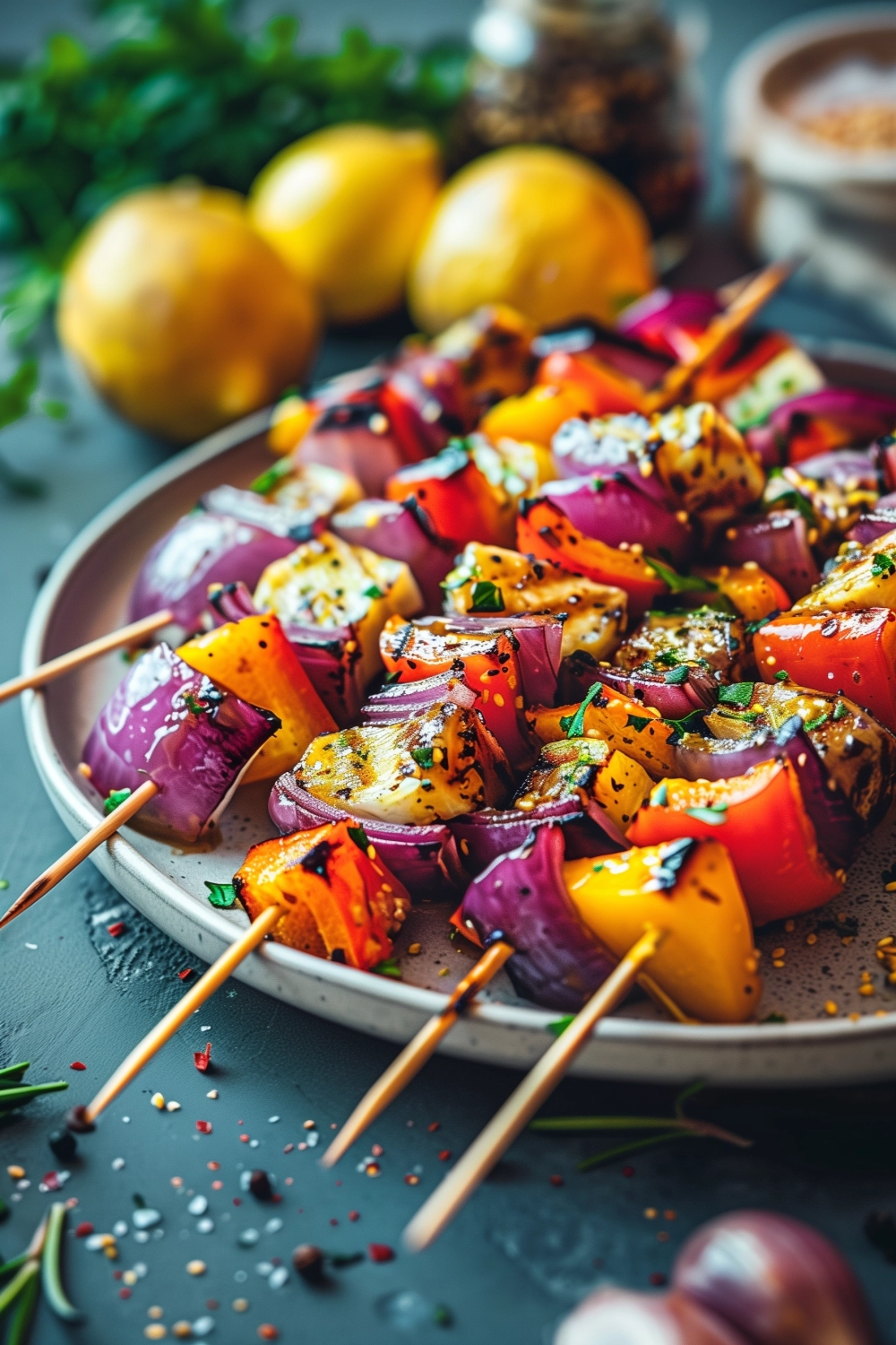 Gemüse-Spieße mit veganer Honig-Senf-Glasur