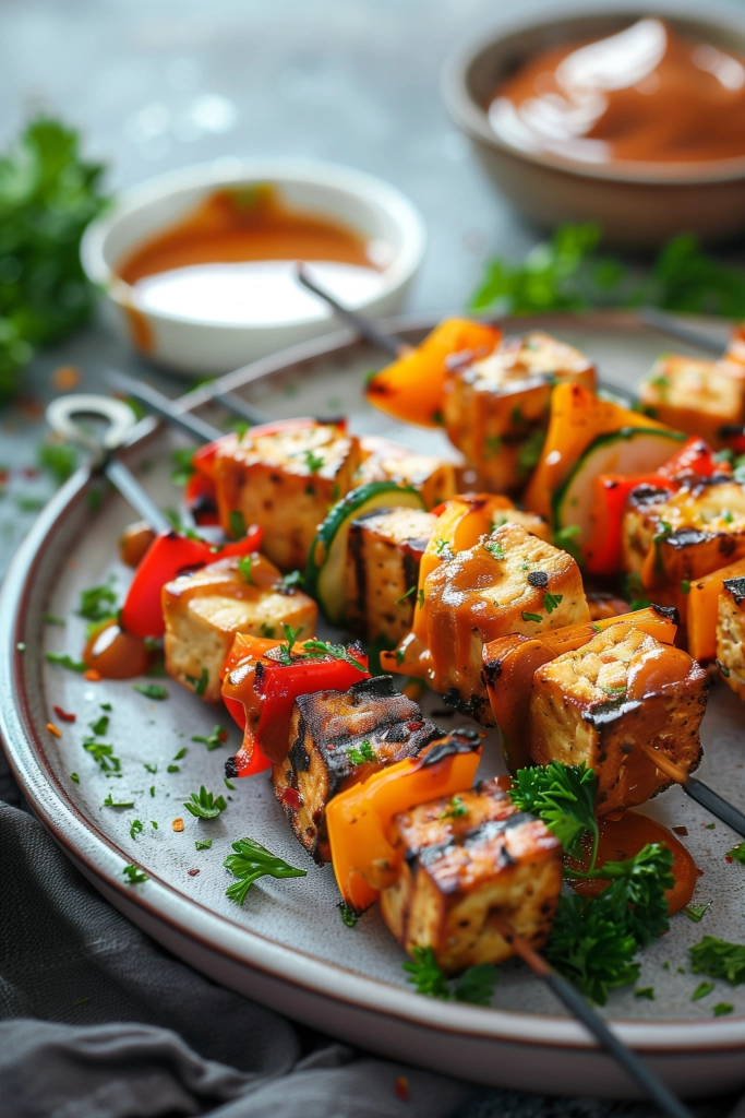 Gemüse-Tofu-Spieße mit Erdnuss-Sauce