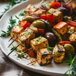 Griechische Gemüsespieße mit Oliven und Tofu