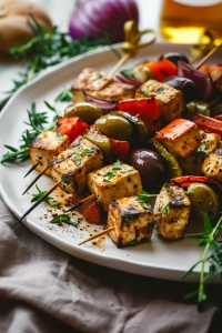 Griechische Gemüsespieße mit Oliven und Tofu