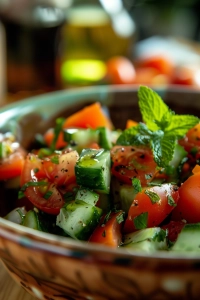 Gurken-Tomaten-Salat mit Olivenöl und Minze