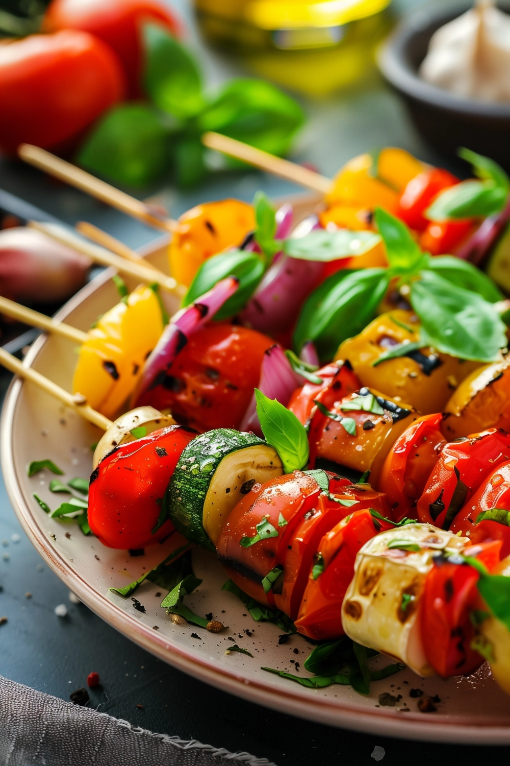 Italienische Gemüsespieße mit Tomate und Basilikum