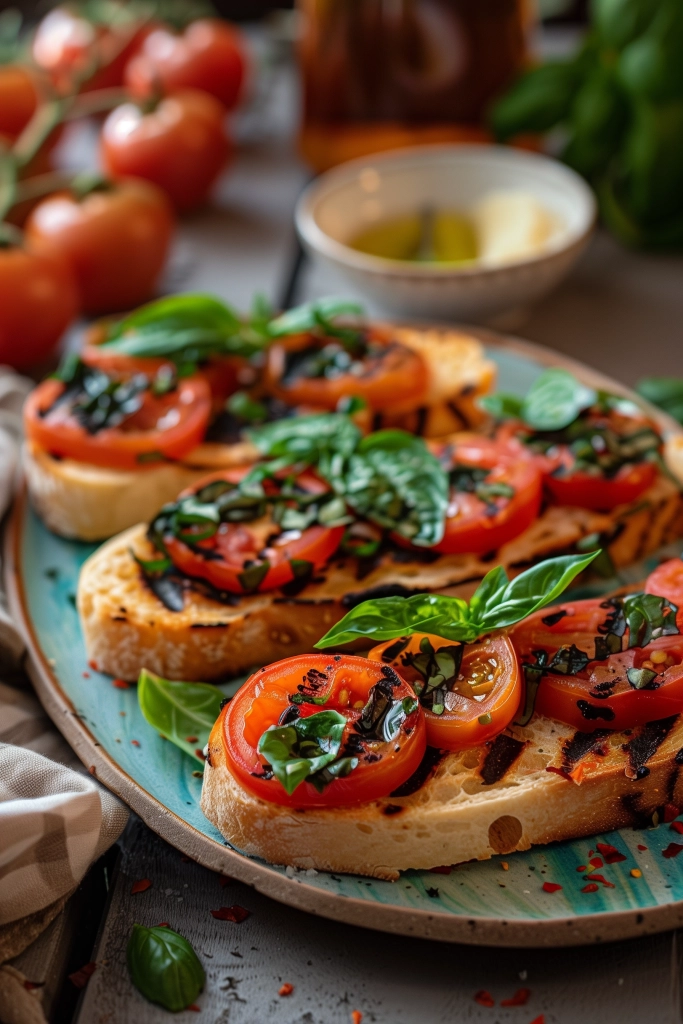 Italienisches Grillbrot mit Tomaten und Basilikum