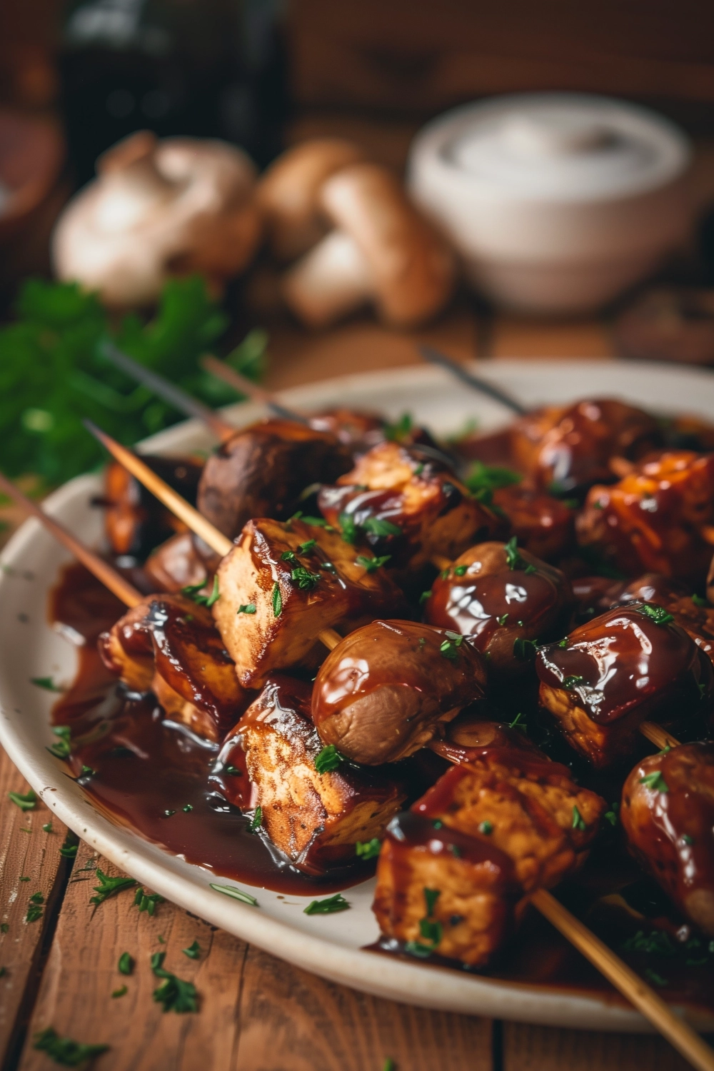 Räuchertofu- und Pilzspieße mit BBQ-Sauce