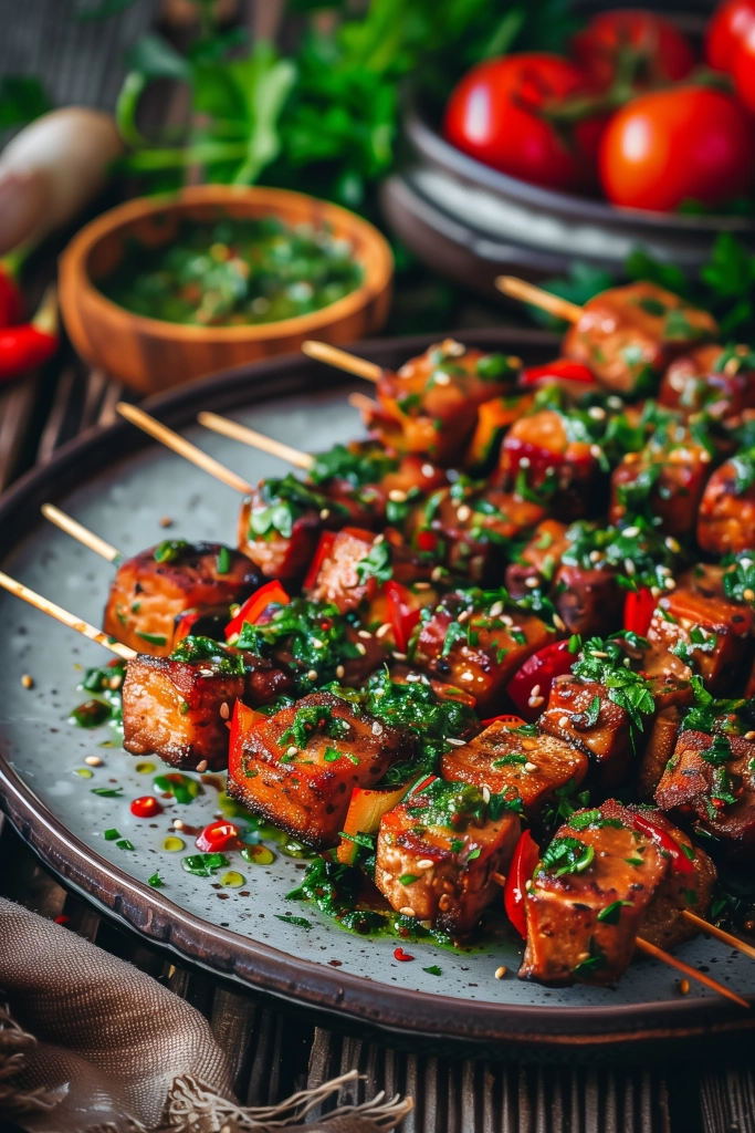 Scharfe Seitan-Spieße mit Chimichurri