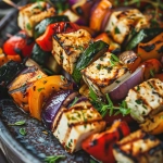 Spieße mit gegrilltem Gemüse und Tofu-Feta