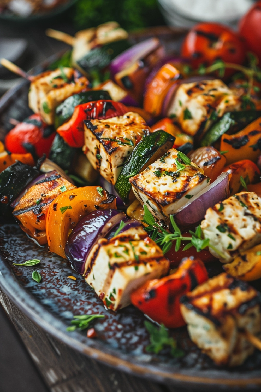 Spieße mit gegrilltem Gemüse und Tofu-Feta