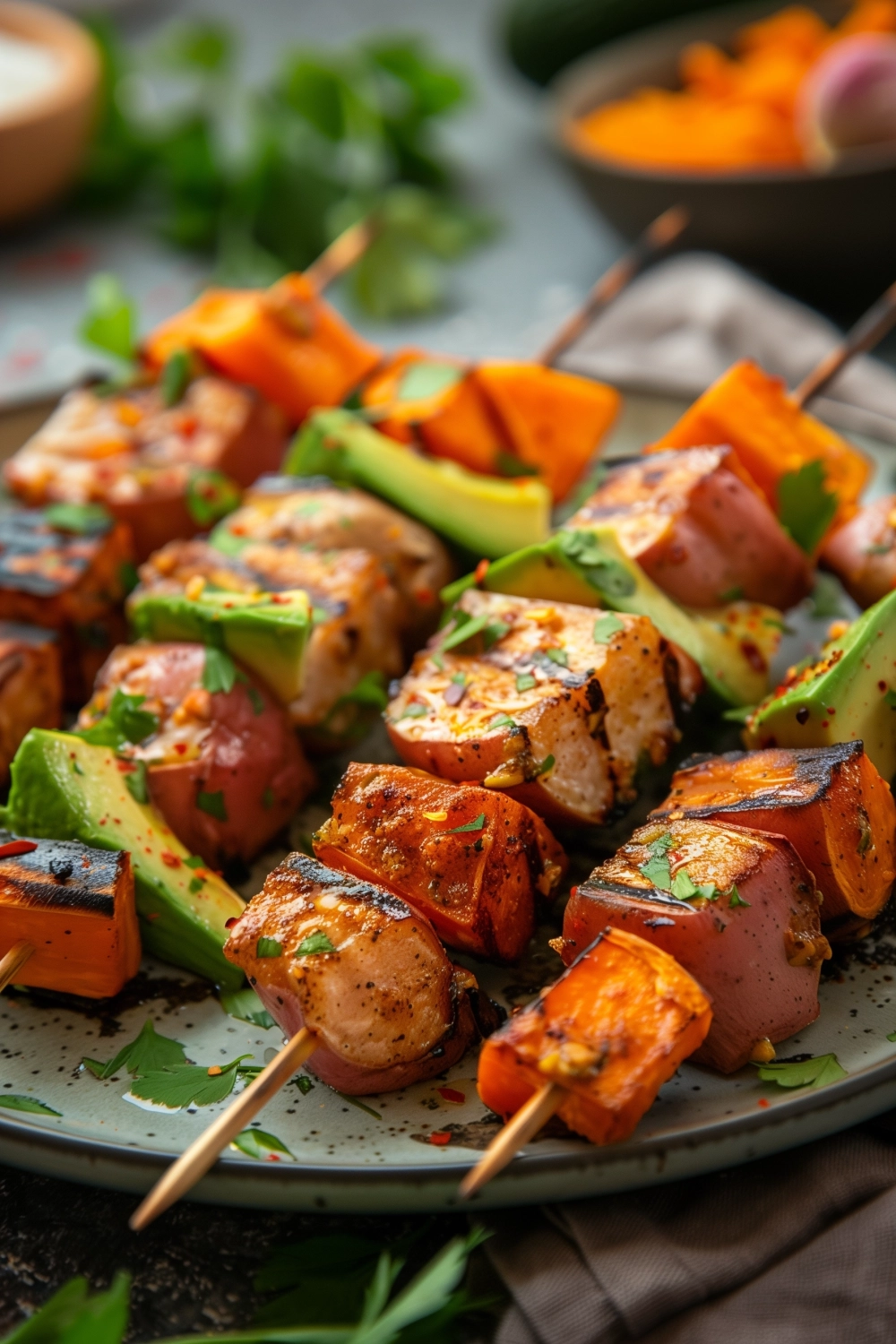 Spieße mit Süßkartoffel und Avocado